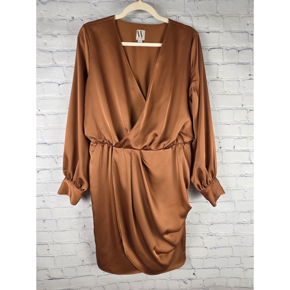 Worthington Sz XL Caramel Brown Long Sleeve Dress Wrap Silhouette Lined - Picture 2 of 9